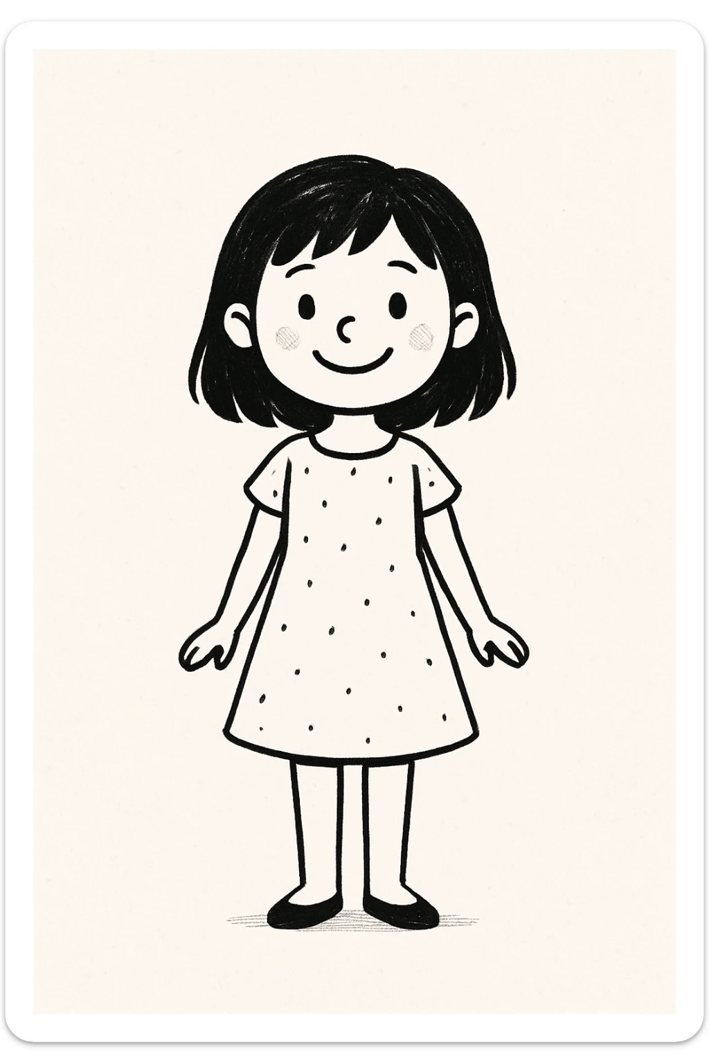 girl in a dress with black hair, smiling, standing pose, minimal background sticker