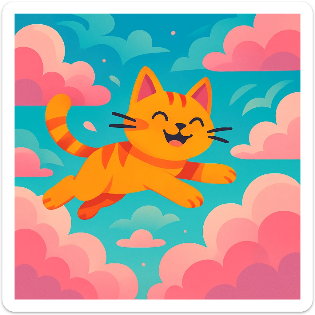 a cat flying in pink clouds, dreamy and whimsical, vibrant cartoon style sticker