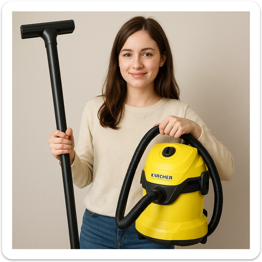 white girl with brown hair holding a Karcher vacuum cleaner, style 2 sticker