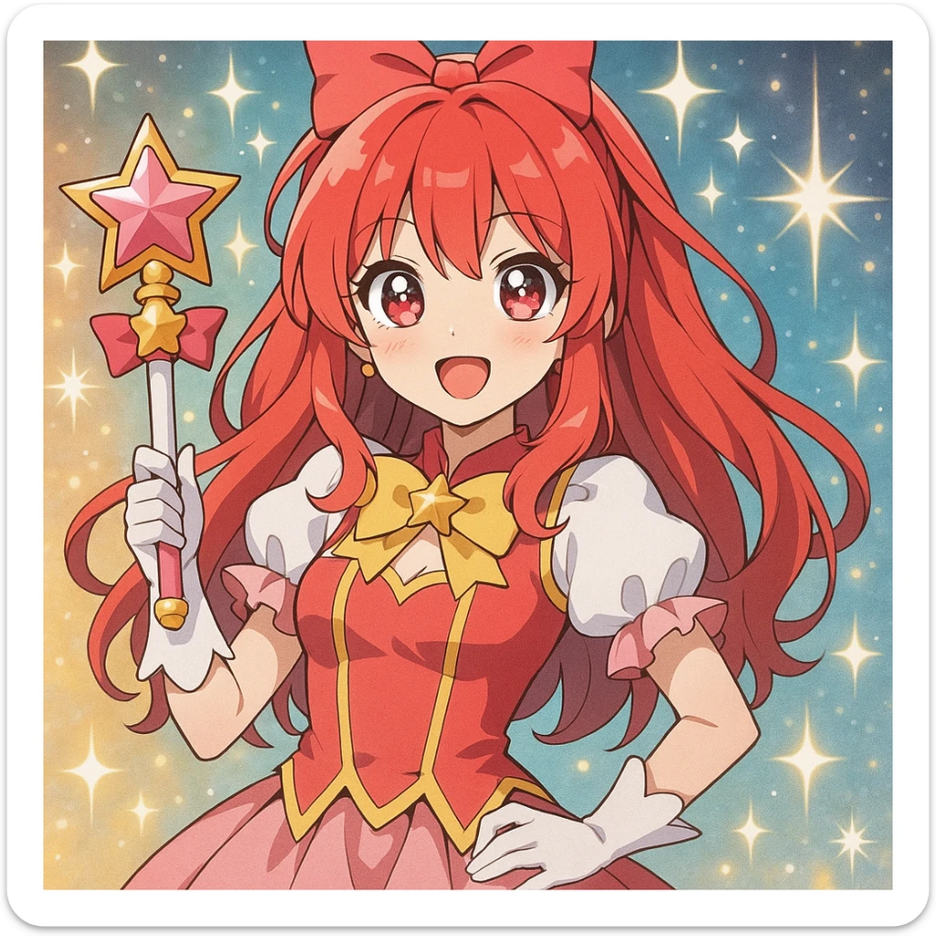 anime style woman with red hair in magical girl cosplay, holding a wand, sparkling eyes sticker