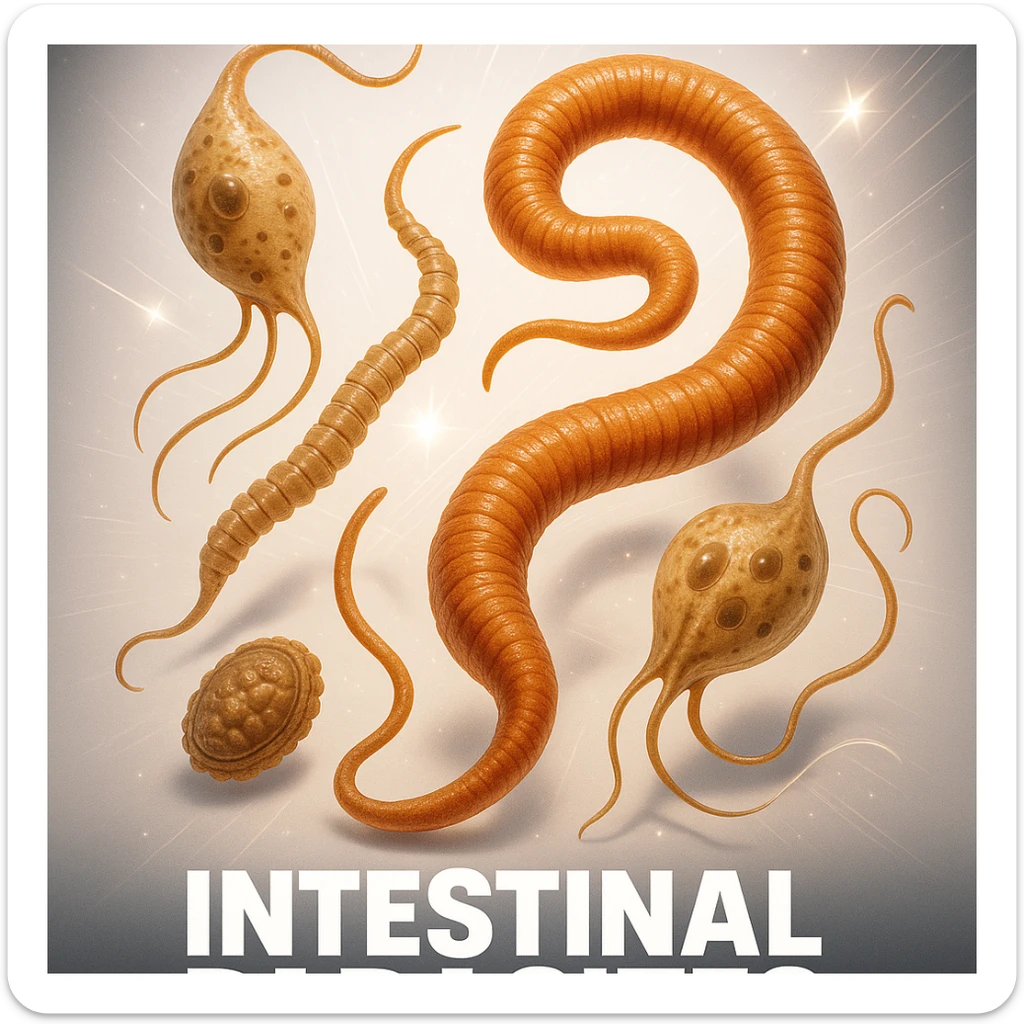 cinematic high-quality poster of large detailed intestinal parasites including worms protozoa microscopic forms floating at center slightly tilted casting soft shadows with bold white gradient background sparkle effects motion trails glow lines dynamic eye-catching bold modern style suitable for eCommerce and social media ads sticker