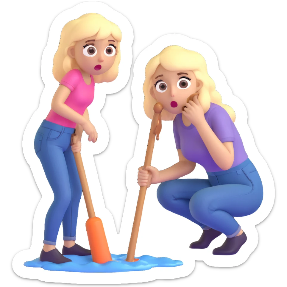 blond woman sitting on her knees with wide eyes, another man in jeans is staying (not sitting) on her left, she's holding a wide skin-colored stick with a D-shaped knob, the stick and the nob have skin texture, water squirting from the knob into her mouth, shocked face sticker