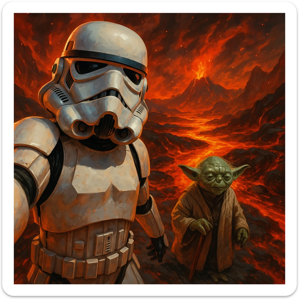 make digital poster art of Camera POV, Starwars stormtroopers vlogging selfie, he is walking on lava planet with yoda
 sticker
