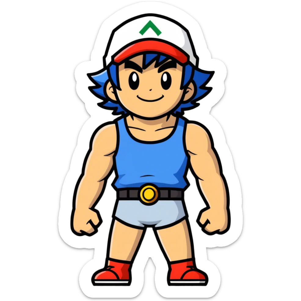 Hot handsome muscular 6ft 5inch tall smiling happy fun shirtless Ash Ketchum and his best friend  sticker