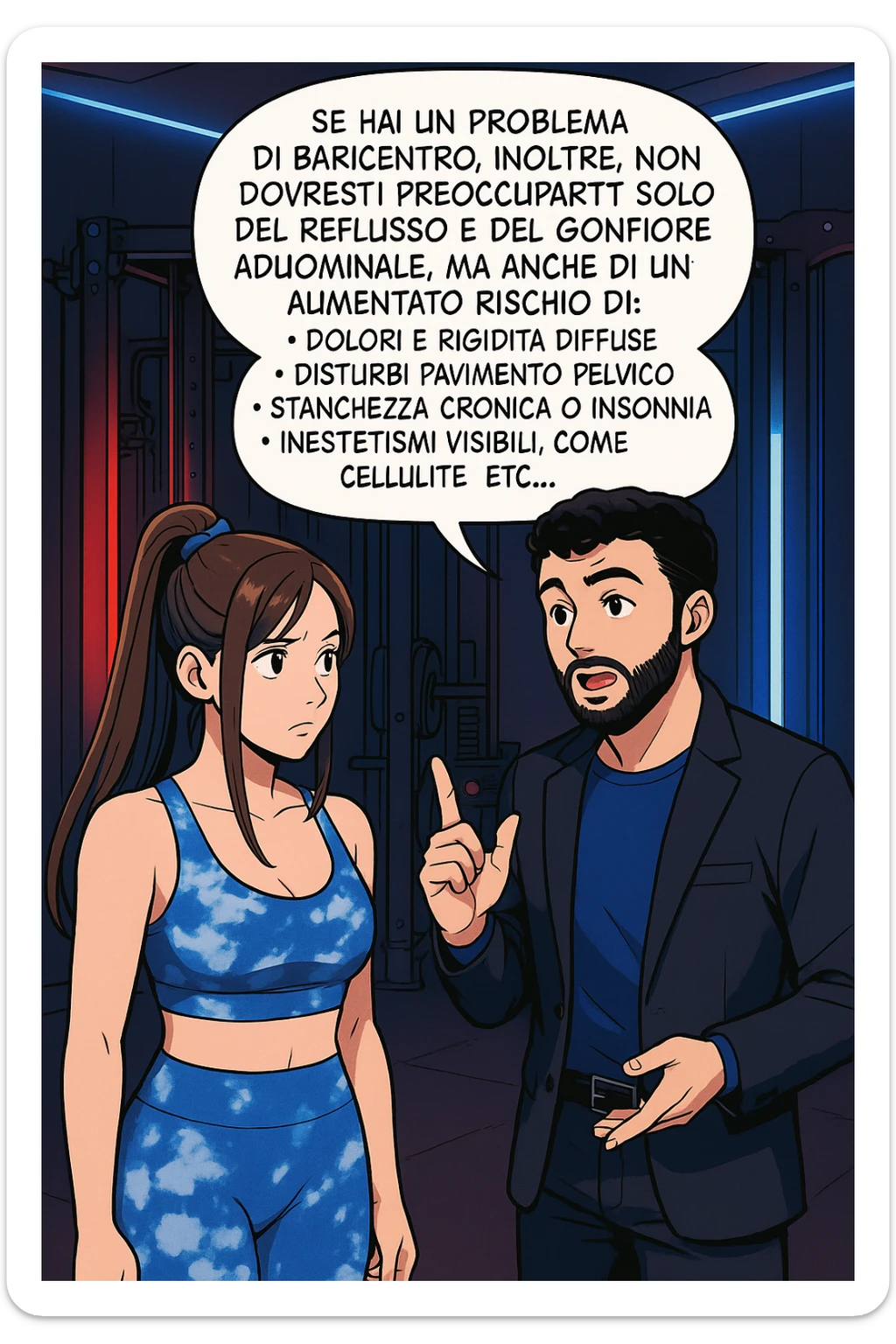 TRASFORMA QUESTO CAROSELLO IN UN FUMETTO STILE WEBTOON/MANGA A COLORI CON QUESTE DUE PERSONE IDENTICHE CHE INTERLOQUISCONO TRA LORO, L'uomo sta spiegando alla donna questo concetto:

Se hai un problema di baricentro, inoltre, non dovresti preoccuparti solo del reflusso e del gonfiore addominale, ma anche di un aumentato rischio di:
    • dolori e rigidità diffuse
    • disturbi pavimento pelvico
    • stanchezza cronica o insonnia
    • inestetismi visibili, come celluluite
    • etc… sticker