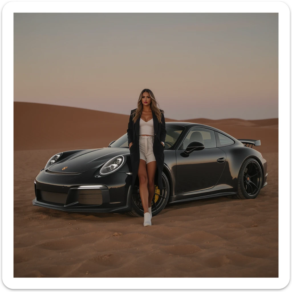 Cinematic still of a woman next to  porsche 911 on desert sticker