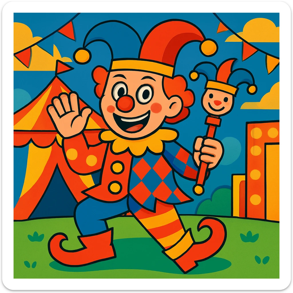 Add a lively circus background to the cartoonish joker clown on the playing card, keeping the energetic and silly feel. sticker