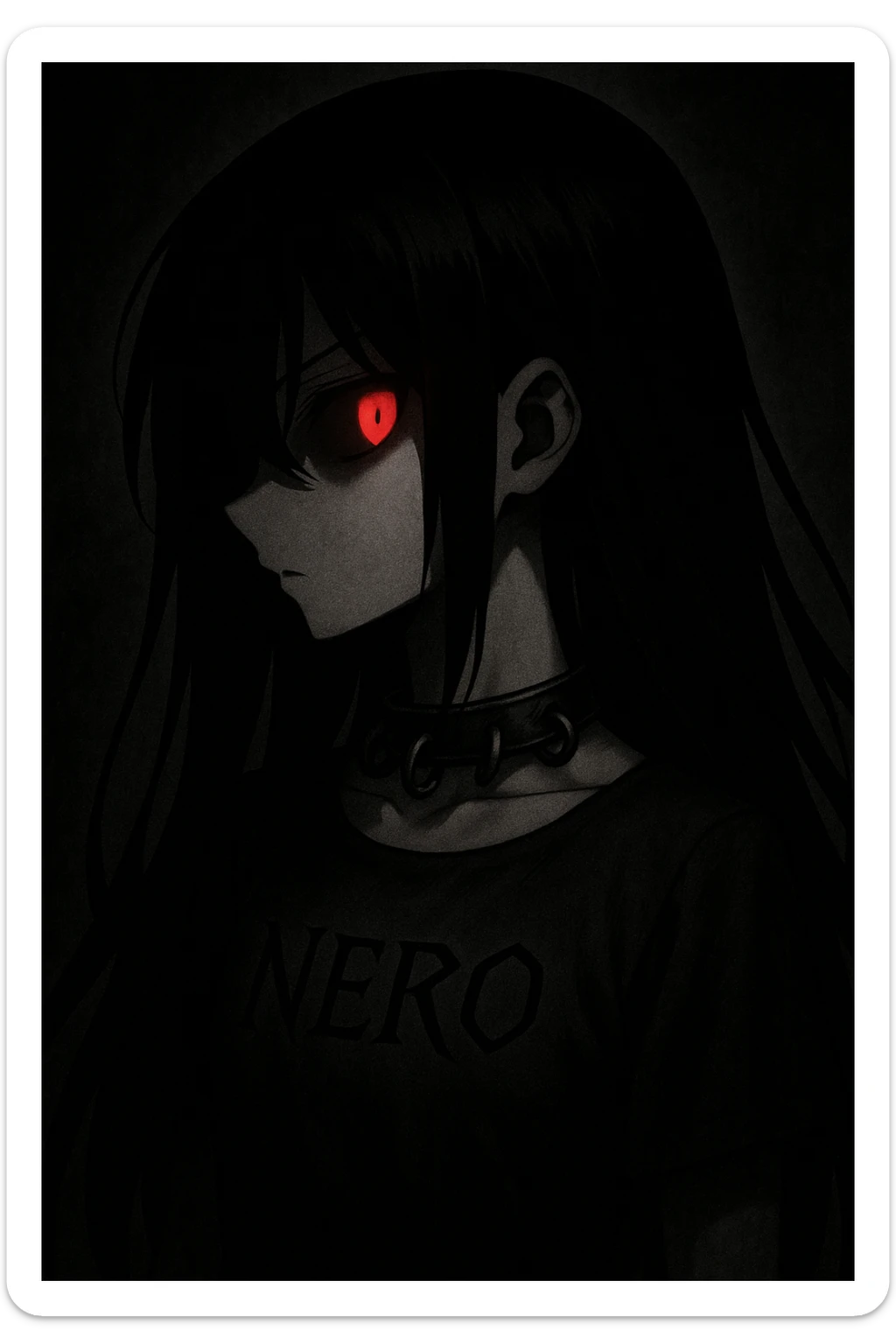 In a shadowy void, a mysterious anime girl with black hair covering her face turns right. Her left eye glows crimson, radiating menace. She wears a dark leather necklace with metal rings, and 'NERO' is engraved in sharp black script on her dress. sticker