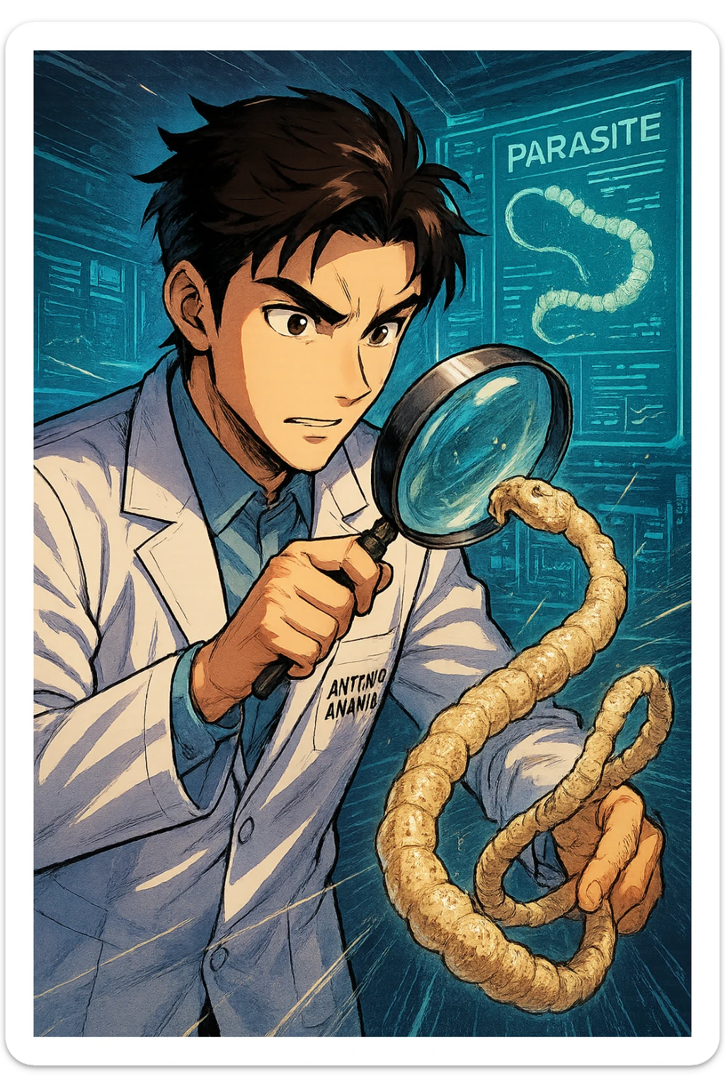 A dynamic manga/webtoon-style illustration of a young male kinesiologist wearing a clean white lab coat, analyzing light beige worms like a tapeworm under a magnifying glass. His expression is focused and slightly intrigued, with sharp, detailed eyes. The art style is vibrant, with bold linework, rich colors, and dramatic lighting. The background is a futuristic laboratory with glowing holographic screens displaying parasite data. The tapeworm is intricately drawn, slimy and segmented, with a slightly exaggerated yet realistic texture. The composition is dynamic, with motion lines or energy effects to emphasize his scientific investigation. The atmosphere is intense but not dark, keeping a balance between scientific seriousness and stylish manga aesthetics, he has "ANTONIO ANANIA" WRITTEN ON WHITE LAB COAT sticker