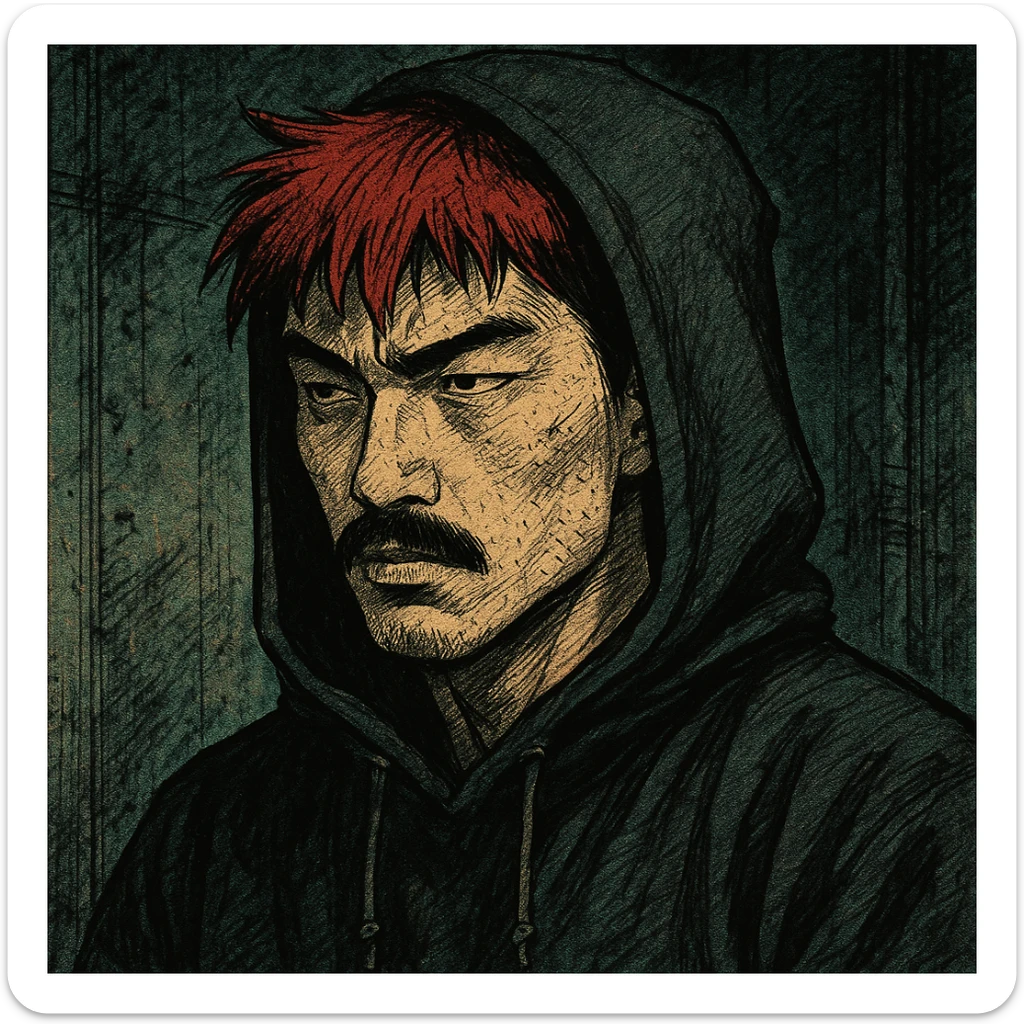 Asian man with black mustache, red hair, black hoodie, gritty cyberpunk manga style, inspired by 90s Japanese comics, moody lighting sticker