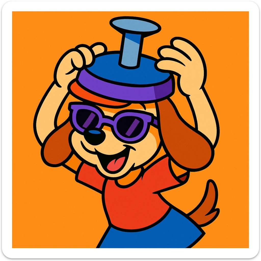 playful puppy girl character holding a nail-themed hat above her head, wearing half purple sunglasses, fun and expressive cartoon style sticker