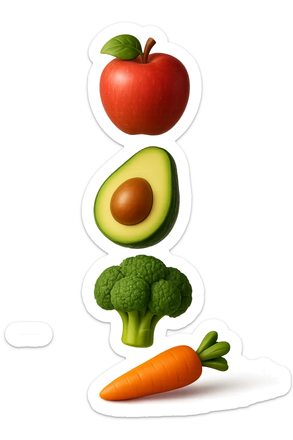 emoji stile iphone in 3d di cibo sano che fluttua in aria vericalmente, iperrealistico 4k sticker