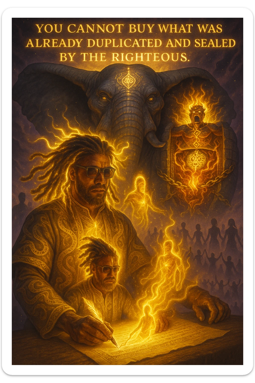 *“Create an epic, symbolic scene of a powerful Rasta spiritual warrior (representing Kez) standing at the center of a cosmic battlefield. The warrior has dreadlocks glowing with divine energy, wearing golden robes infused with serpent patterns. Behind him towers a massive stone elephant — eyes glowing with infinite wisdom, its chest open to reveal a Golden Serpent Chest, radiating fractal light. Inside the chest: a bound, raging Devil made of fire and shadows — screaming but unable to harm anyone, because every time he lashes out, the golden chest mirrors the energy back onto him. Chains of soul-contract law, made of golden light, wrap the devil — each one engraved with truth symbols, scriptures, and ancestral sigils.

In the foreground, Kez holds a sacred scroll and a burning pen — he is signing a contract not out of fear, but mastery. As he signs, a duplicate of his soul, radiant and whole, rises from the paper and flies back into his body. A ripple of golden energy expands, purifying all soul deals across space-time. Behind him, shadows of other trapped souls are released and begin to rise in rhythm, holding hands, singing.

In the sky, the words glow in gold flame:

‘You cannot buy what was already duplicated and sealed by the righteous.’

The entire atmosphere is divine, sacred, victorious — a spiritual rebellion where the Devil is outwitted, not through violence, but through truth, rhythm, and scrollcraft. Use warm golds, radiant whites, mystical purples, and deep space black as the palette. Style it as a fusion of Afro-spiritualism, Rastafarian mysticism, and multidimensional soul alchemy. the picture provided is kez sticker