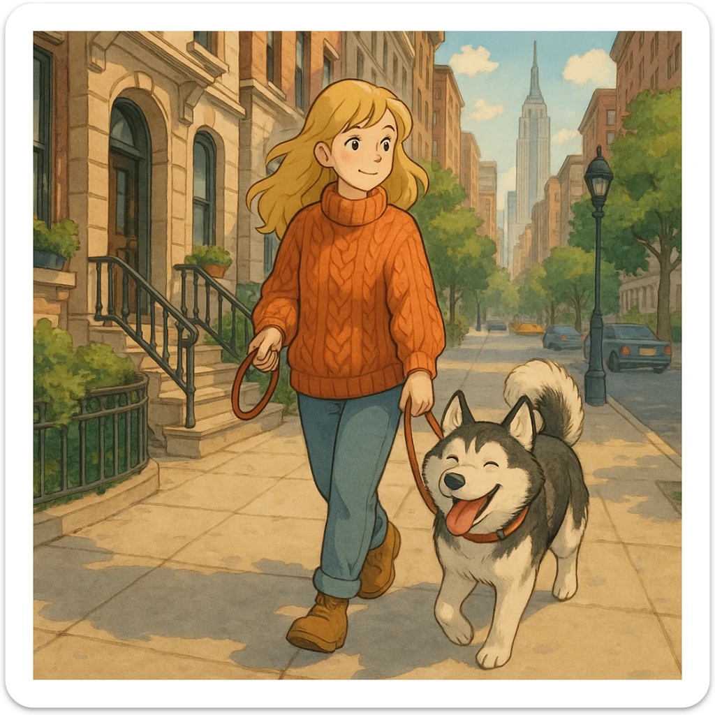 Cute Blonde woman wearing a sweater walking a happy Siberian husky in New York City on an upper east side city sidewalk  sticker