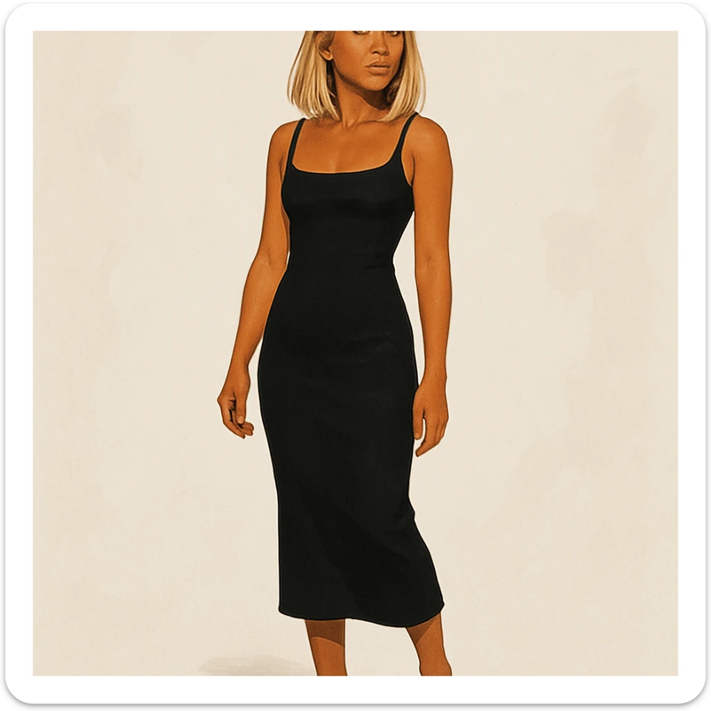 Asian woman with tanned skin tone, mid-length blonde hair, wearing a fitted black dress, full body, neutral background, modern illustration style sticker