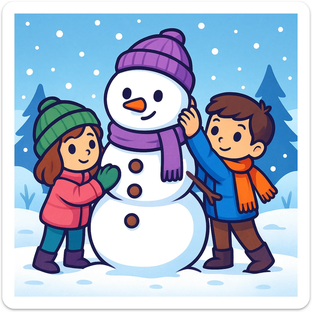 Show two different kids (different hair and clothing colors) building a snowman in a snowy background, keep the sticker style sticker