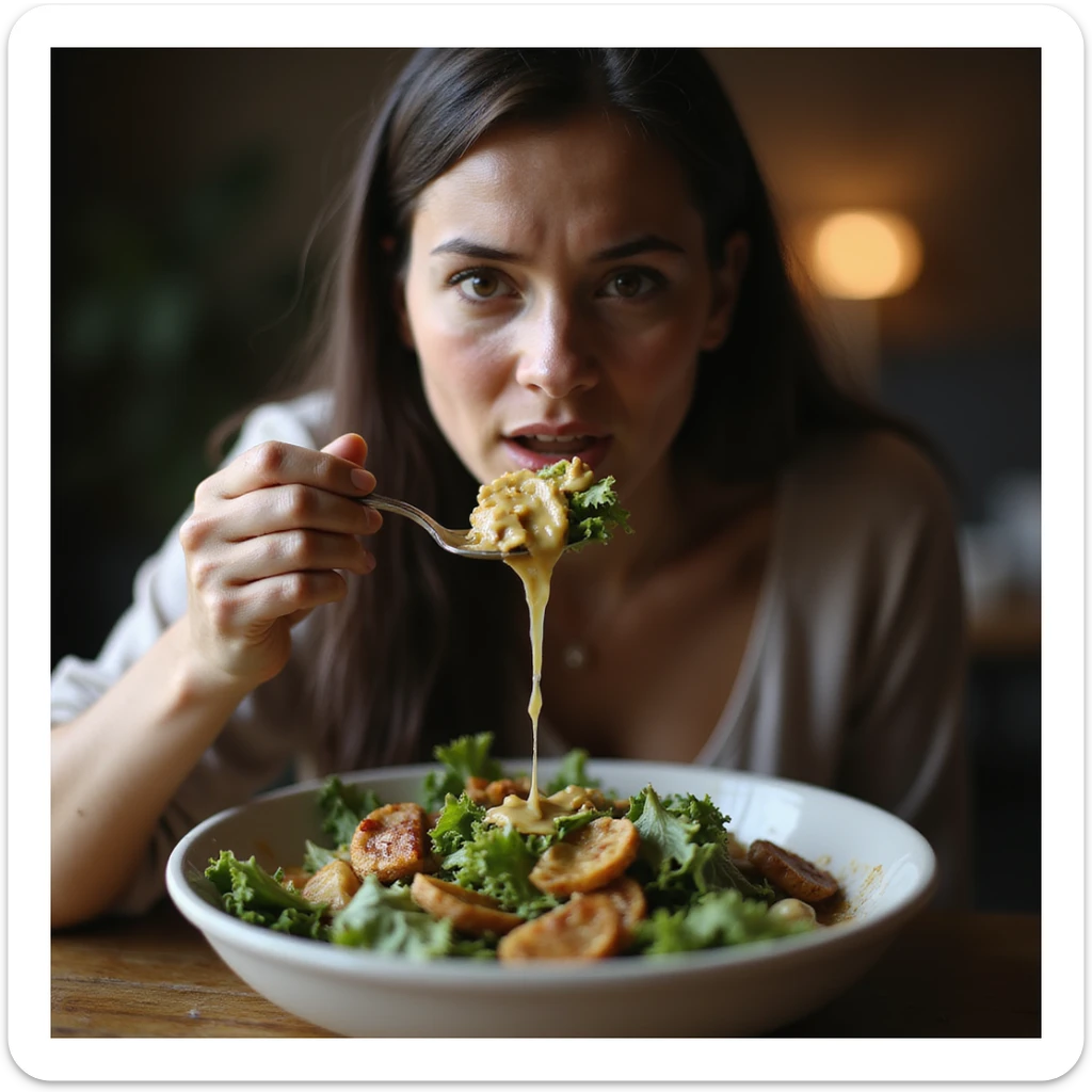 realistic hyper-detailed 4K image of a woman eating a seemingly light salad but dressed with abundant oil and sauces, with a convinced expression of eating little, realistic atmosphere sticker
