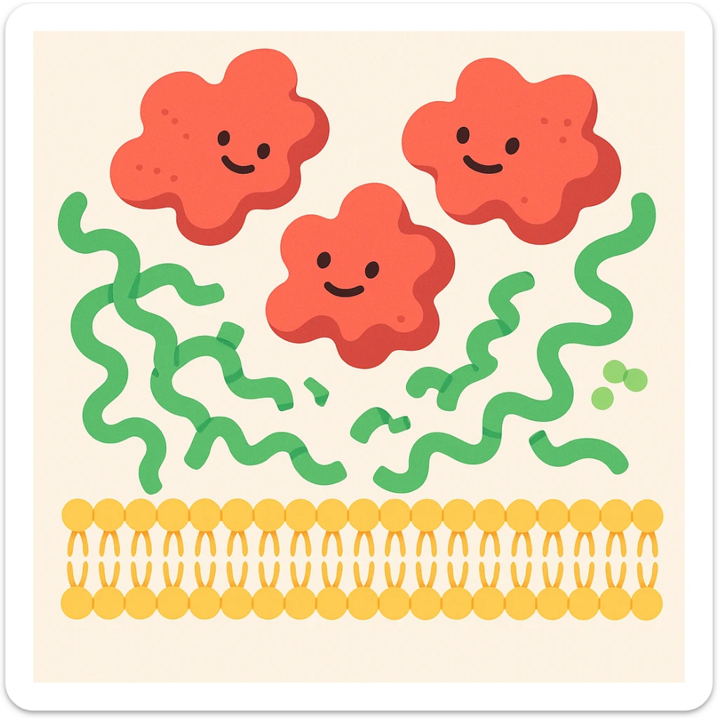 Ultra-detailed scientific illustration of enzyme digestion: Red amylase molecules (3D, globular protein structure) breaking down green starch polymers (chain of glucose units) into maltose near a yellow phospholipid bilayer membrane. Macro molecular view, clean white background, no text, no human figures or cartoon characters. Purely biological focus. sticker