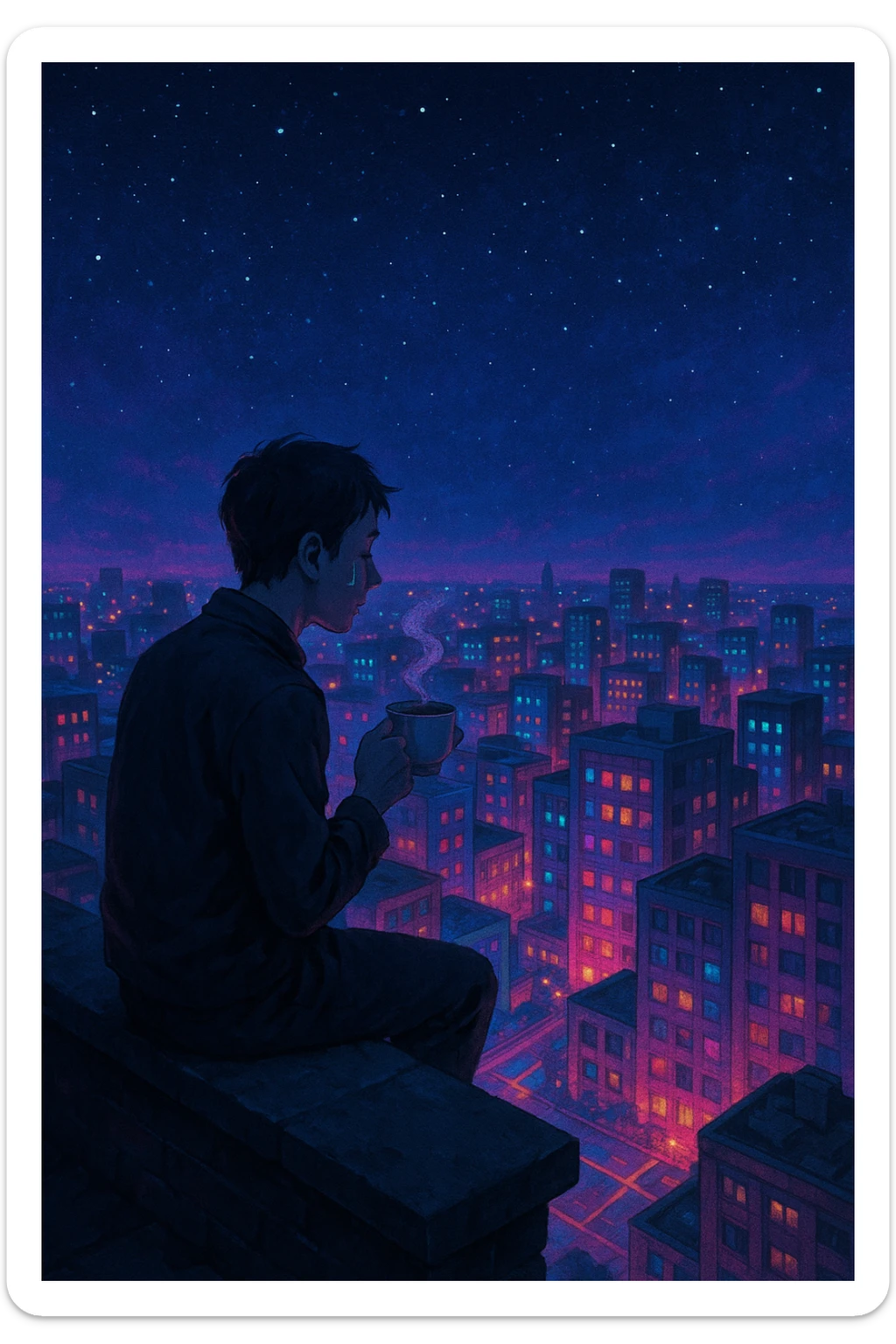 A lone figure on a rooftop, sipping tea as the city below glows with an otherworldly light, calm posture, a faint tear on their cheek, bittersweet mood. sticker