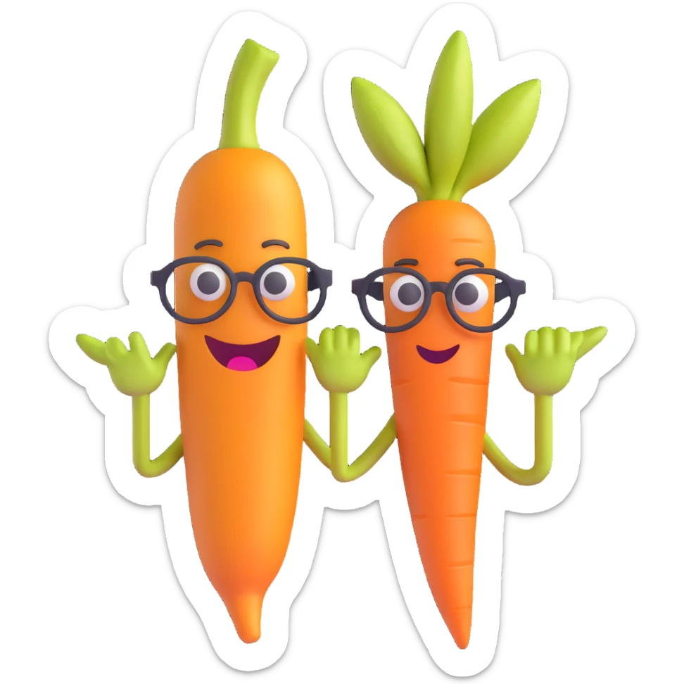 funny icon for archived groceries, shriveled banana and carrot together, both with canes and spectacles, goofy expressions, 3D emoji style, white background sticker