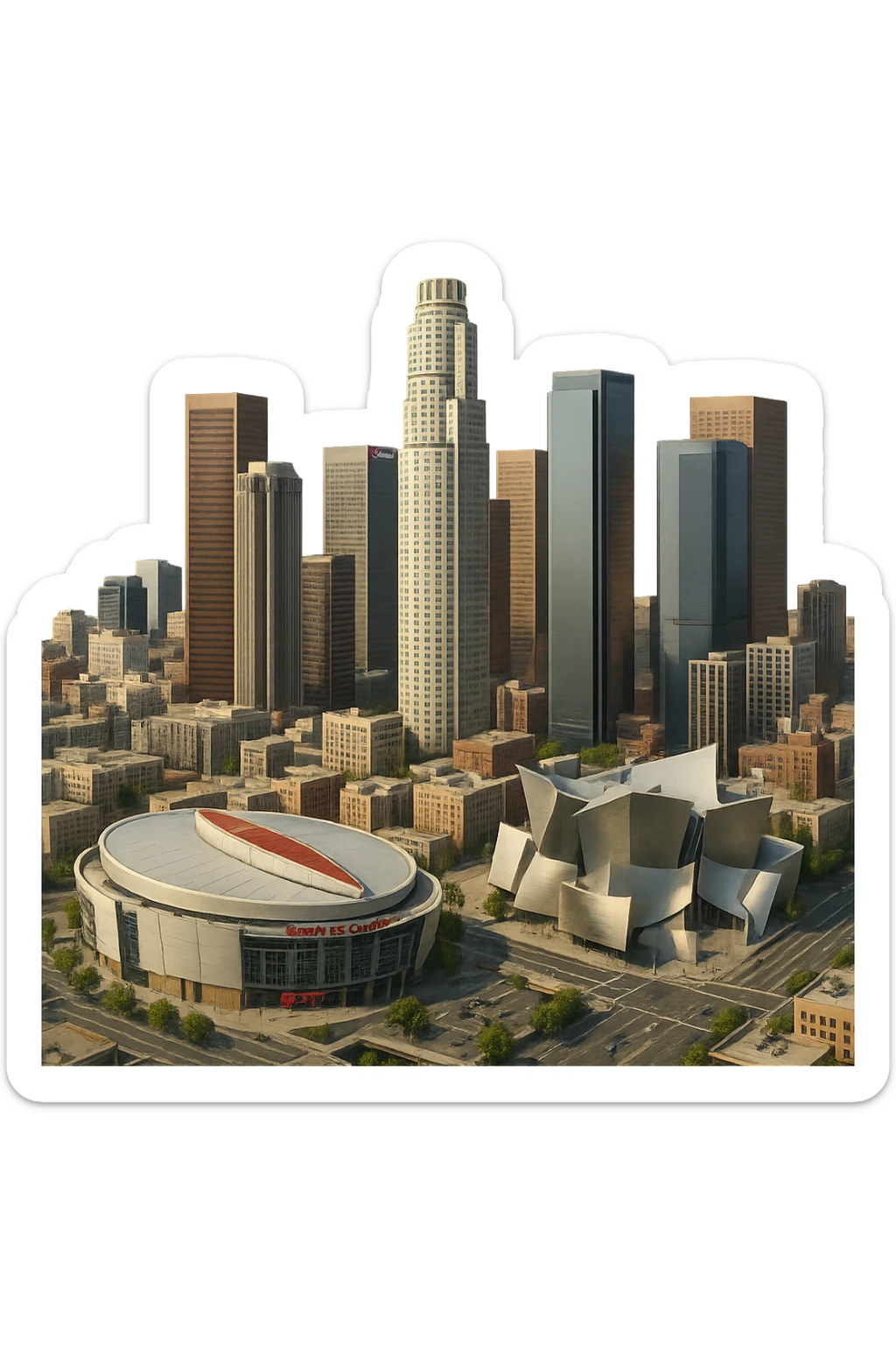 cinematic realistic emoji of Los Angeles, wide city view focusing on downtown LA with the US Bank Tower, Walt Disney Concert Hall, Staples Center (Crypto.com Arena), and surrounding skyscrapers, lifelike architectural detail, accurate colors, bright daytime lighting, fully transparent background, no sky, no clouds, no city name label sticker