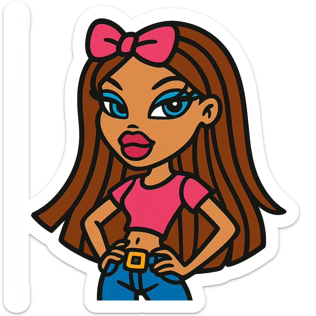 Bratz doll character with brown hair and a pink bow on her hair sticker