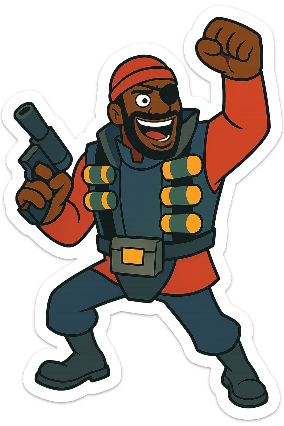 Demoman from Team Fortress 2, wearing his signature eyepatch and explosives vest, stylized as a vibrant cartoon character, energetic pose sticker