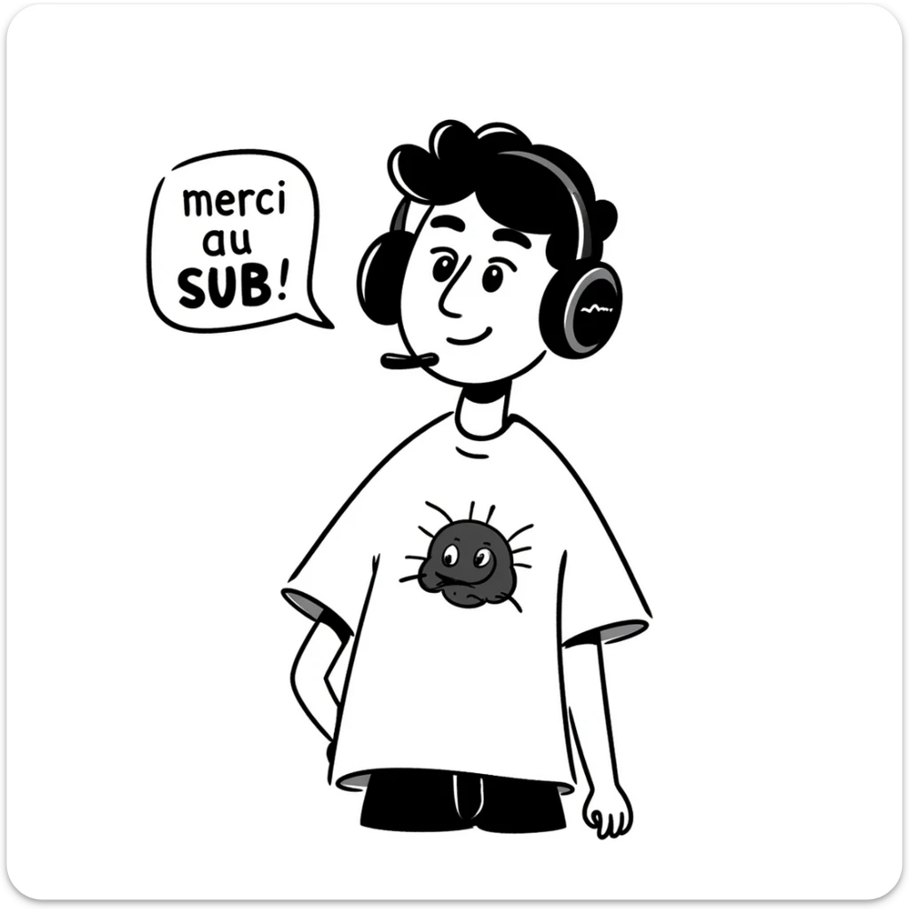 A smiling person with black hair, brown eyes, and a black beard wearing a gaming headset saying "merci au SUB" sticker