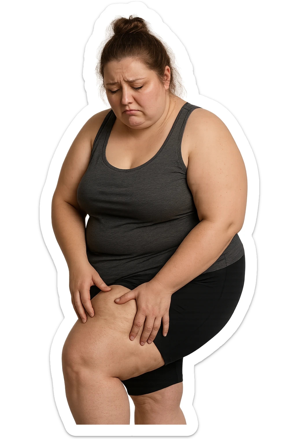 donna grassa che si tocca la coscia con espressione triste, IPERREALISTICA 4K sticker