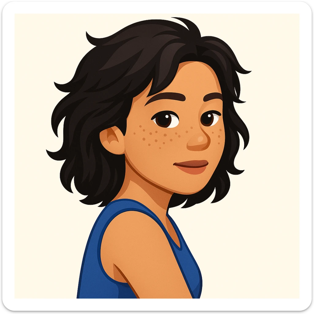 turn the second man in emoji style of the 1st image, match the facial features and match dressing style of the 2nd image, she is wearing blue tank top lose, side pose sticker
