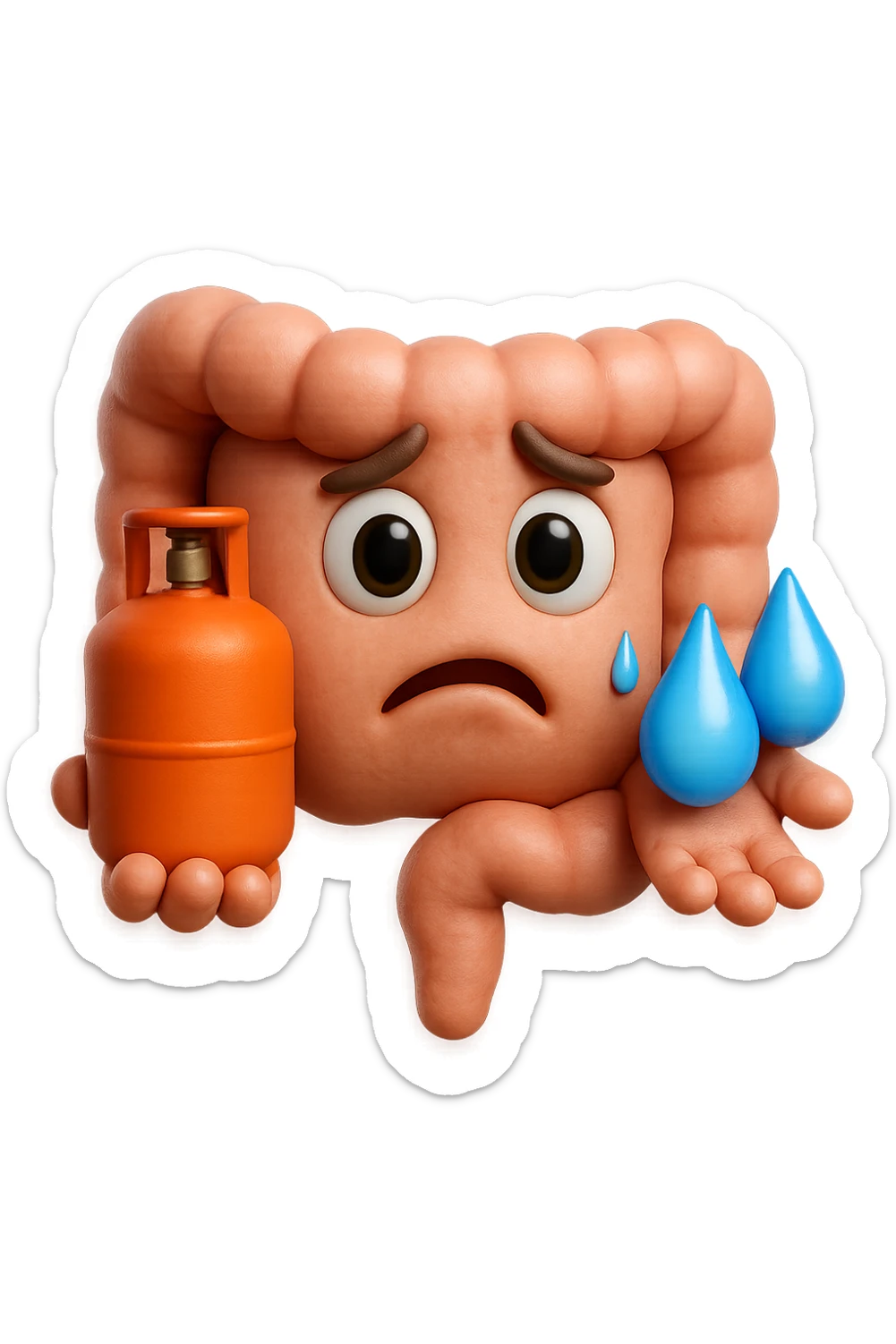 EMOJI STILE IPHONE DI un'intestino preoccupato che ha una bombola di gas in mano e due gocce di acqua in 3d nell'altra mano, IPERREALISTICO 4K sticker