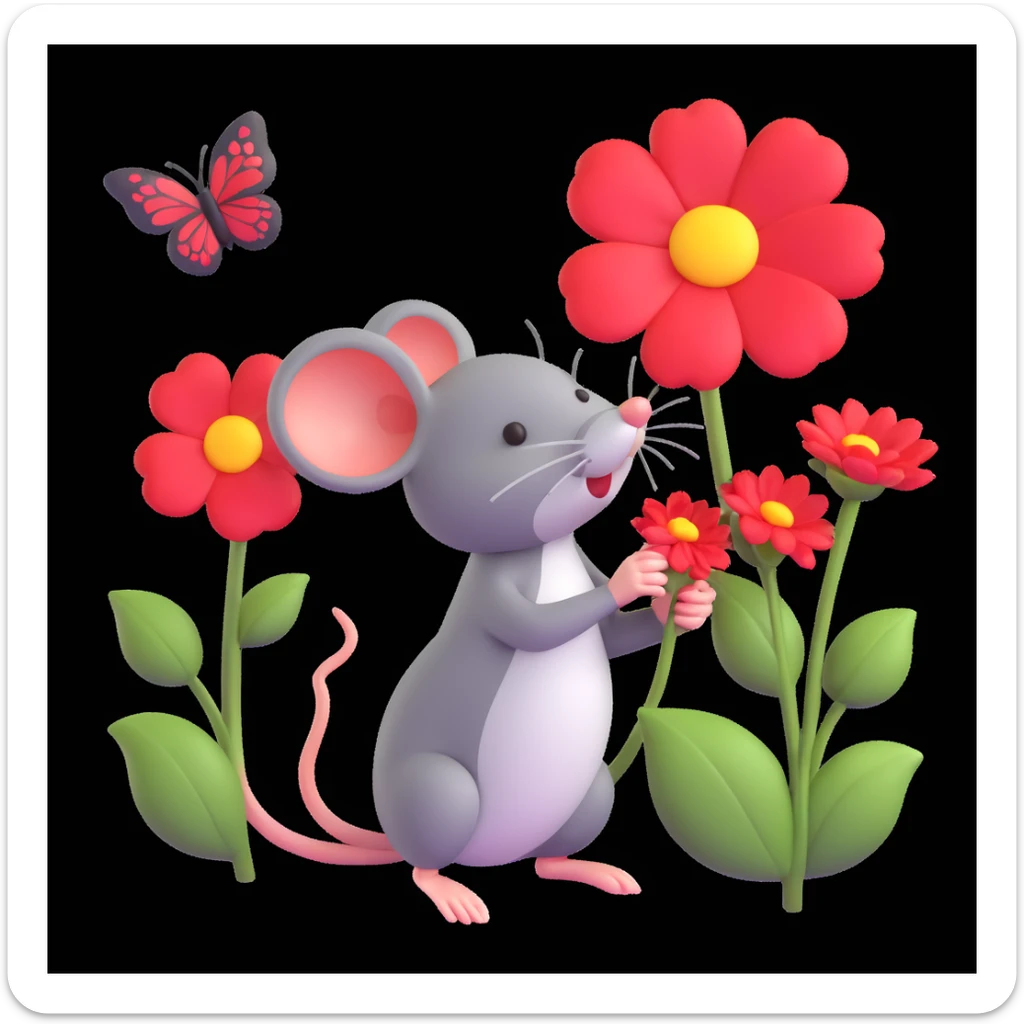 cute little mouse sniffing a big red flower, butterflies and hearts flying around, white background, 3D iOS style, inspired by reference sticker