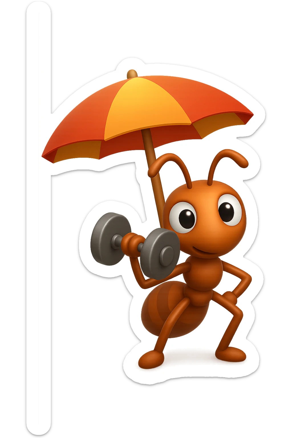 EMOJI STILE IPHONE 3D DI una formica che si allena sotto l'ombrellone in spiaggia con un manubrio da palestra in mano, fagli anche la parte bianca degli occhi, non solo la pupilla sticker