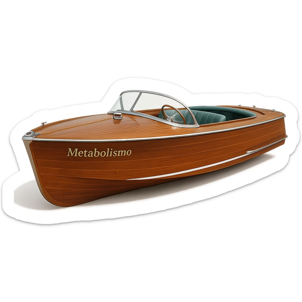 classic wooden boat on isolated white background with the word 'Metabolismo' engraved on the side, realistic style, sharp details, 4K resolution sticker