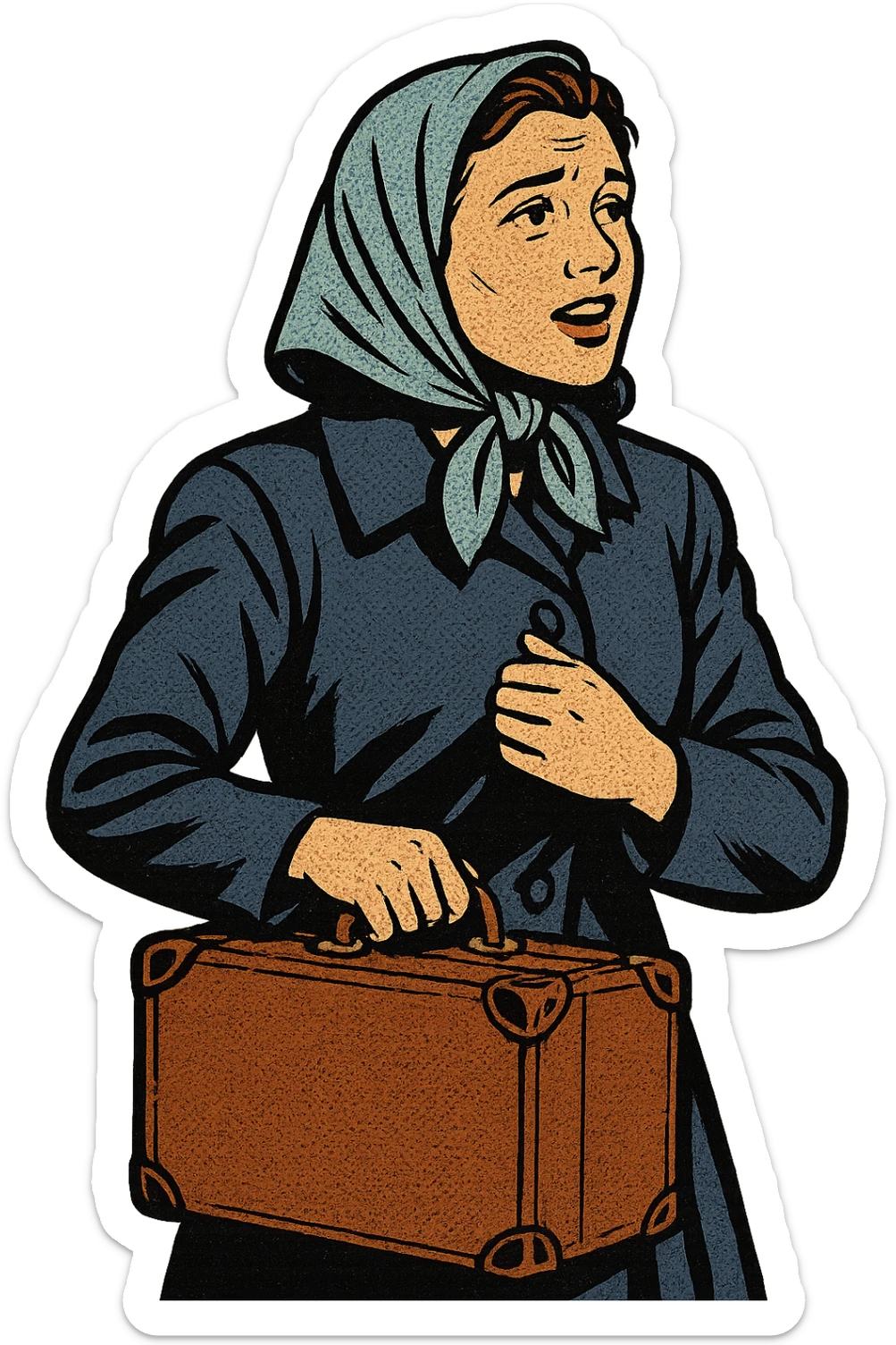A refugee woman from Eastern Europe in the 1950s carrying with them a small old brown suitcase and looking hopeful sticker