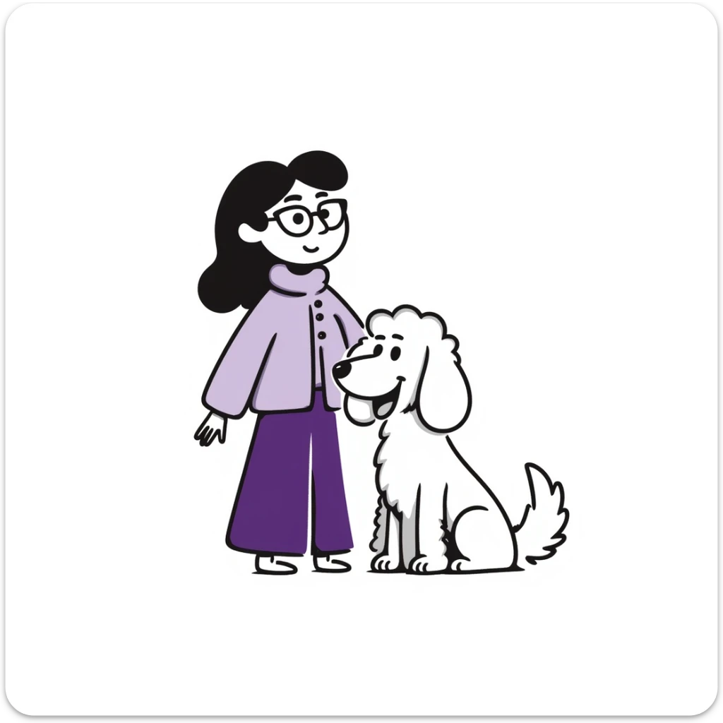 brunette female with glasses in a purple outfit and her large white or cream colored goldendoodle, hand-drawn doodle style sticker