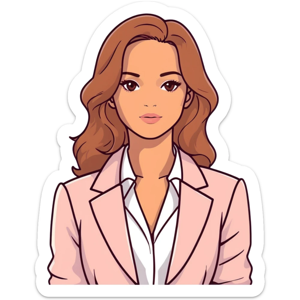 A 30-year-old woman with tanned skin, light brown long wavy hair, delicate face, almond-shaped eyes with smoky foxy eye makeup, brown eyes, wearing a light pink blazer and white satin cowl neck blouse with thin straps sticker