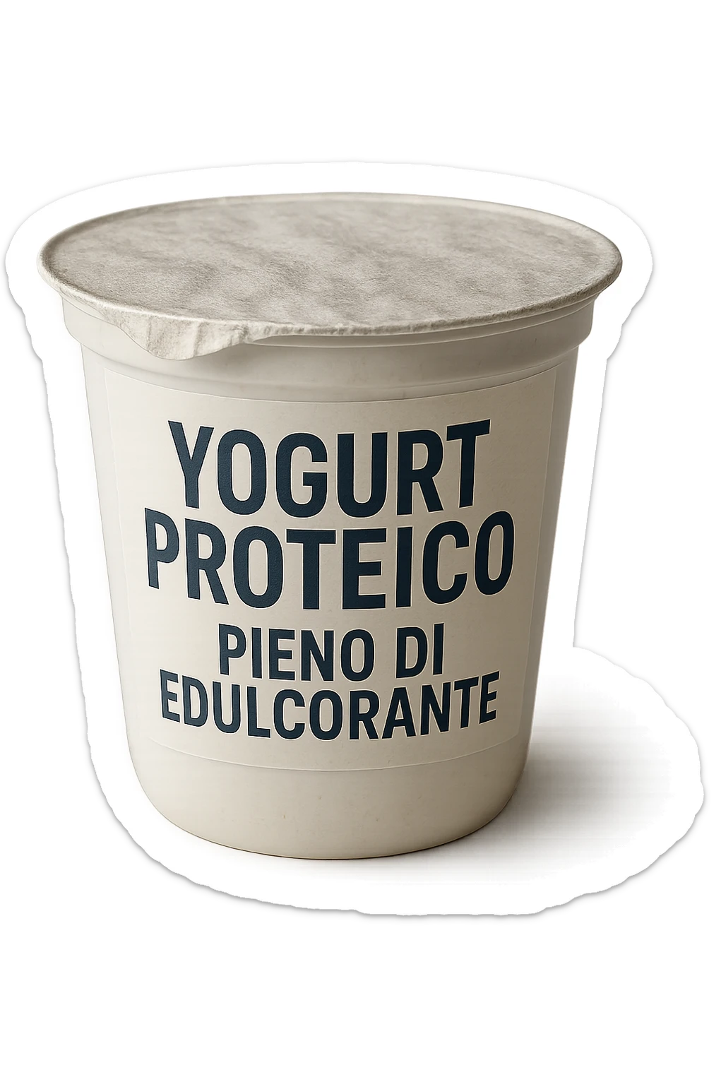 Yogurt proteicO CON LA SCRITTA "YOGURT PROTEICO PIENO DI EDULCORANTE" SULL'ETICHETTA,  iperrealistico 4k sticker