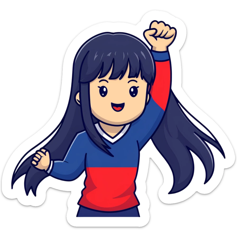 East Asian woman with long black straight hair and bangs wearing Doosan Bears team colors navy blue and red, cheering sticker