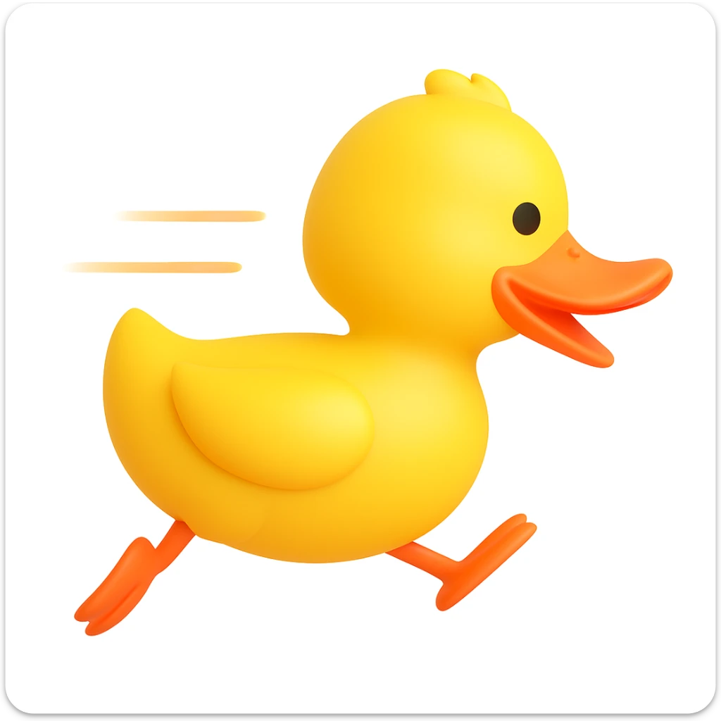 Turn the 3D emoji style cartoon duck to the side in a dynamic racing pose, as if it's moving quickly forward. Keep the same 3D animated look. sticker