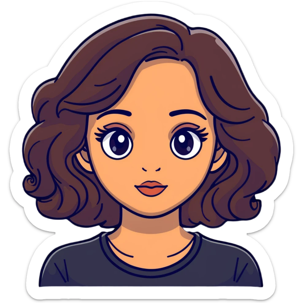 woman face with big eyes, medium skin tone, and dark wavy hair sticker