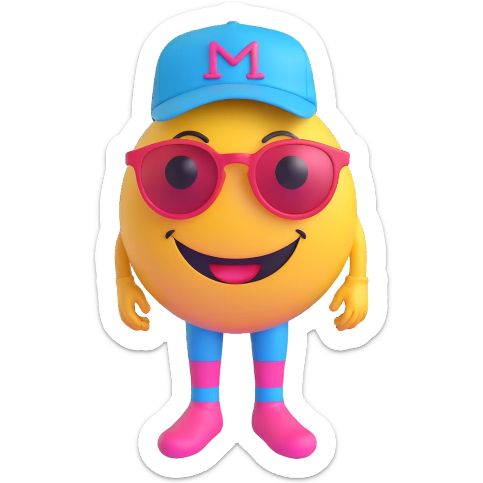 smiley face character with red and white body, pink eyes, blue sunglasses, red socks, black and yellow hat sticker