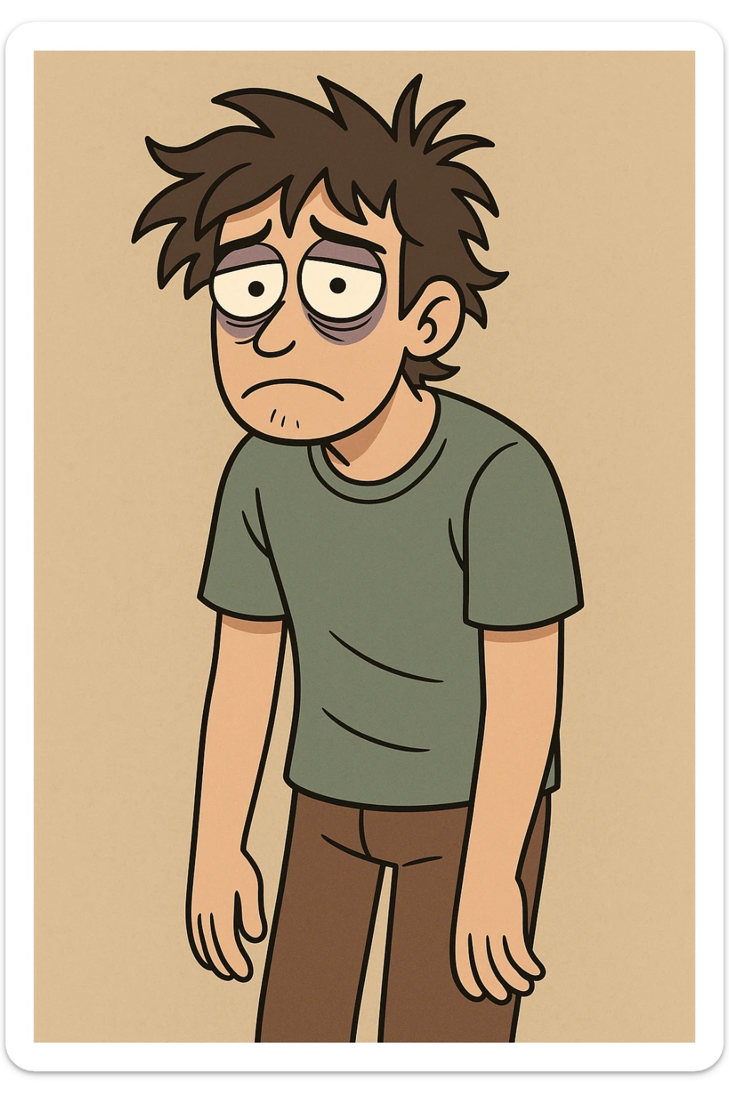 a person with messy hair and wide, sleepless eyes, casual clothes, showing exhaustion, illustrated sticker
