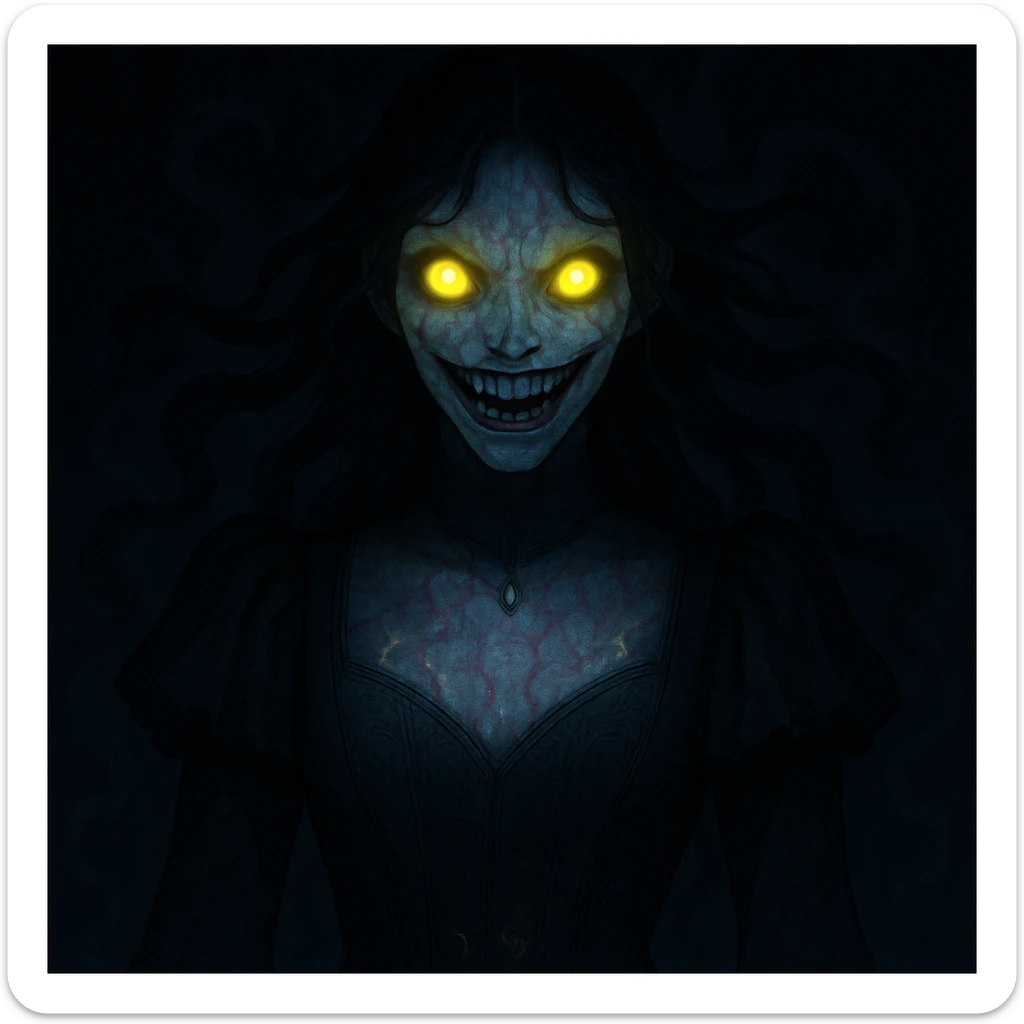 Make the beautiful scary girl even scarier with extreme supernatural horror features, more disturbing and haunting, while keeping her gothic beauty. Enhance the supernatural and horror elements to create a deeply unsettling and haunting atmosphere. sticker