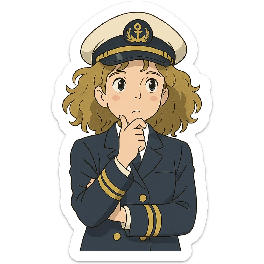 ghibli style girl with curly dirty blonde hair, cruise captain outfit, thoughtful questioning pose sticker