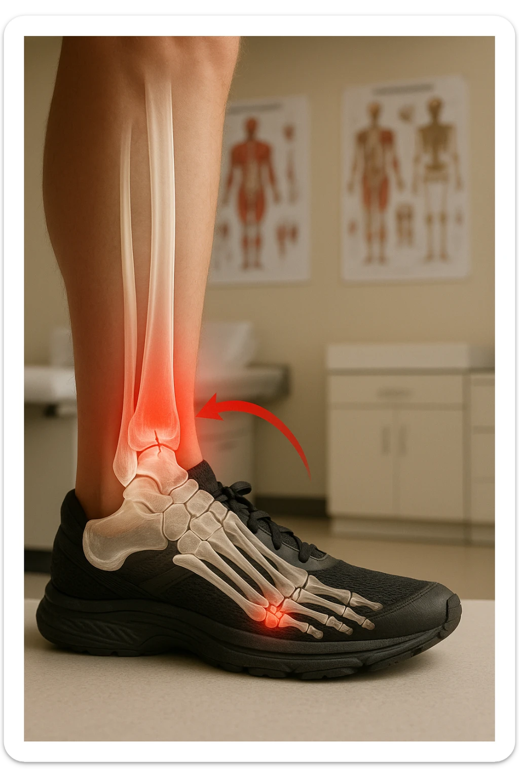 Realistic, vertical medical scene: a runner’s foot and lower leg are shown in profile, with a transparent overlay revealing a small stress fracture in the metatarsal bone. Red highlights and arrows indicate the area of pain and injury. The setting is a medical exam room, with anatomical charts in the background. sticker