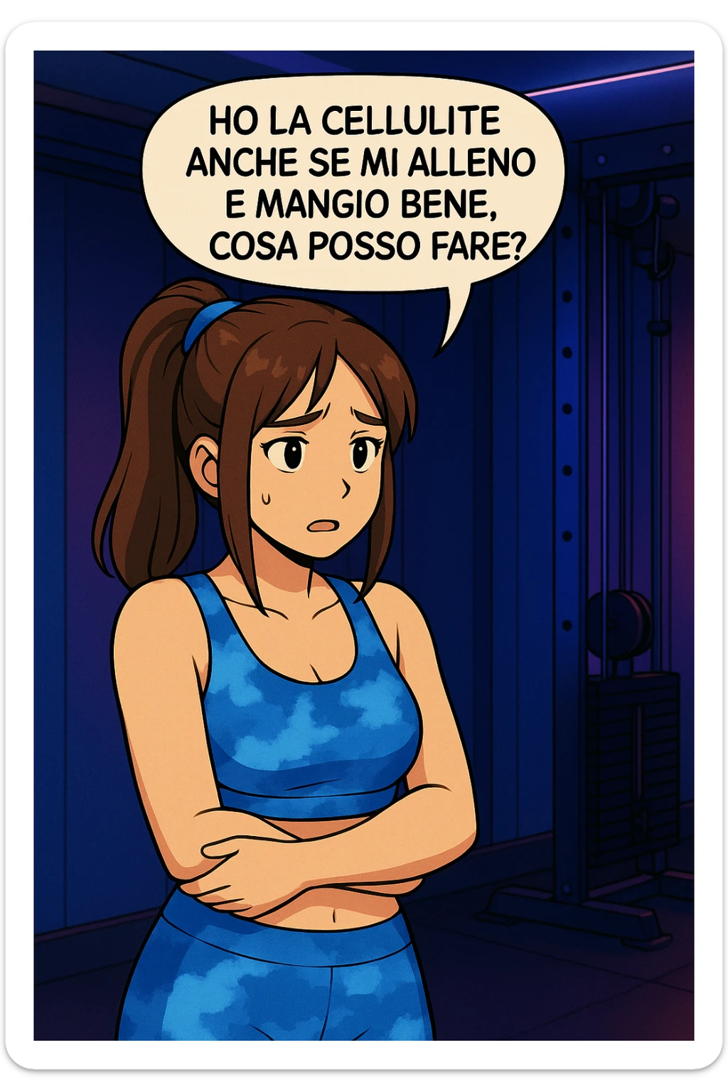 PRENDI SPUNTO DA QUESTO STILE E FAI SOLO IL PRIMO FUMETTO DETTO DA LEI, TUTTI GLI ALTRI DIALOGHI LI FA LUI:

LEI: Ho la cellulite anche se mi alleno e mangio bene, cosa posso fare?

LUI: Hai controllato il tuo baricentro corporeo?
LUI: Sapevi che se il peso del tuo corpo cade in avanti o da un lato, c’è un disallineamento fra bacino e torace, che comprimendo le coste, limita la motilità del diaframma e l’ossigenazione dei tessuti?
LUI: Il mio è il primo e unico percorso che lavora sugli inestetismi con un lavoro mirato sul baricentro corporeo. sticker