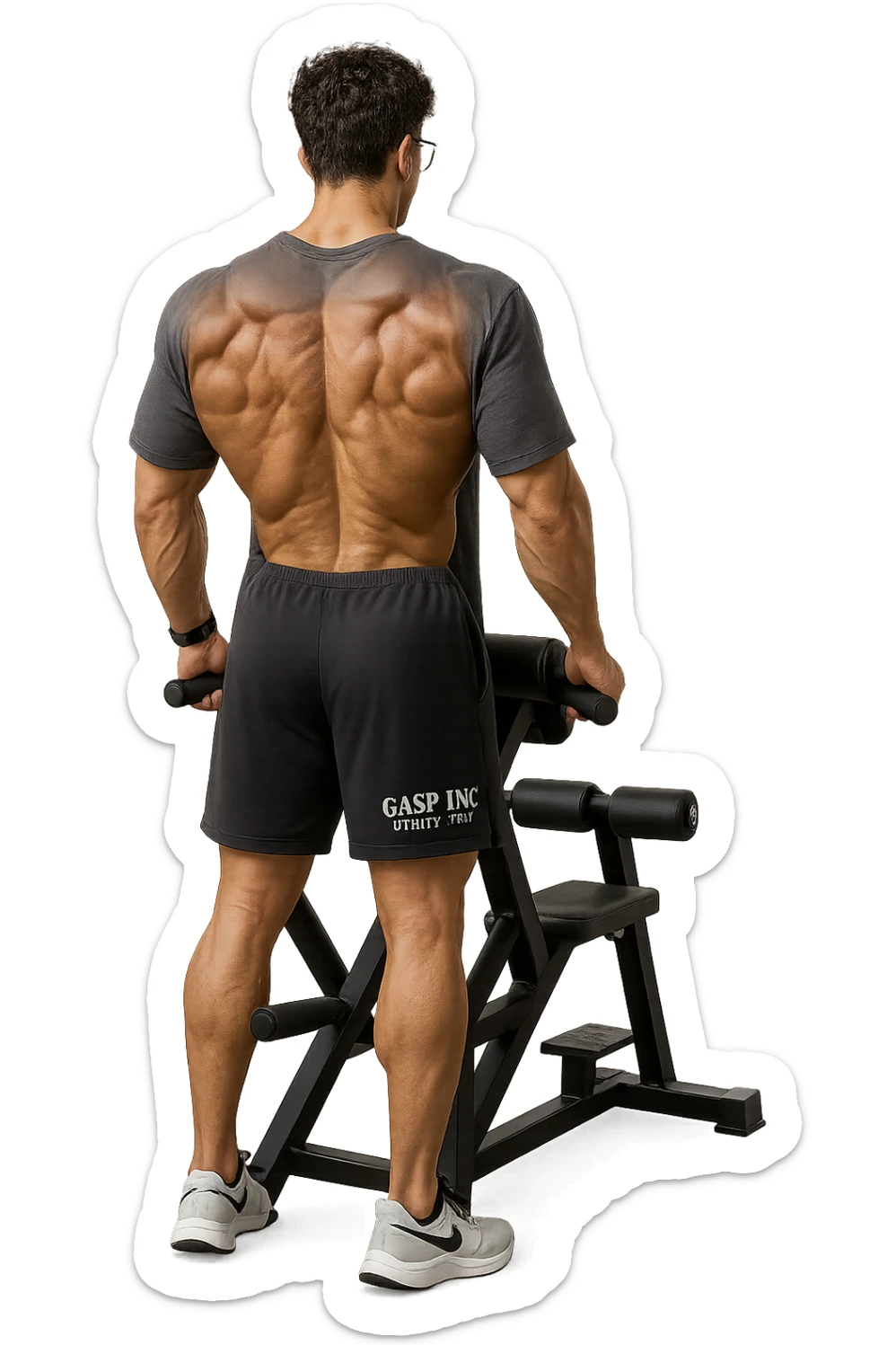 lascia questo ragazzo identico ma fallo in piedi di spalle con fasci muscolari della schiena contratti, iperealistico 4k sticker