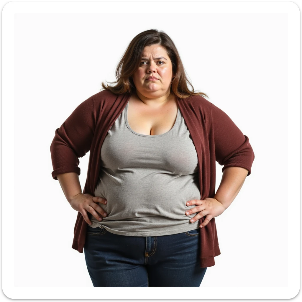 hyperrealistic 4K vertical 9:16 portrait of a heavily overweight woman with hands on hips, serious or dissatisfied look, isolated white background sticker