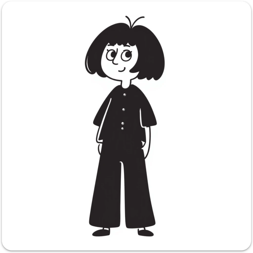 girl with short black hair, bob, with a white strand and gray eyes sticker
